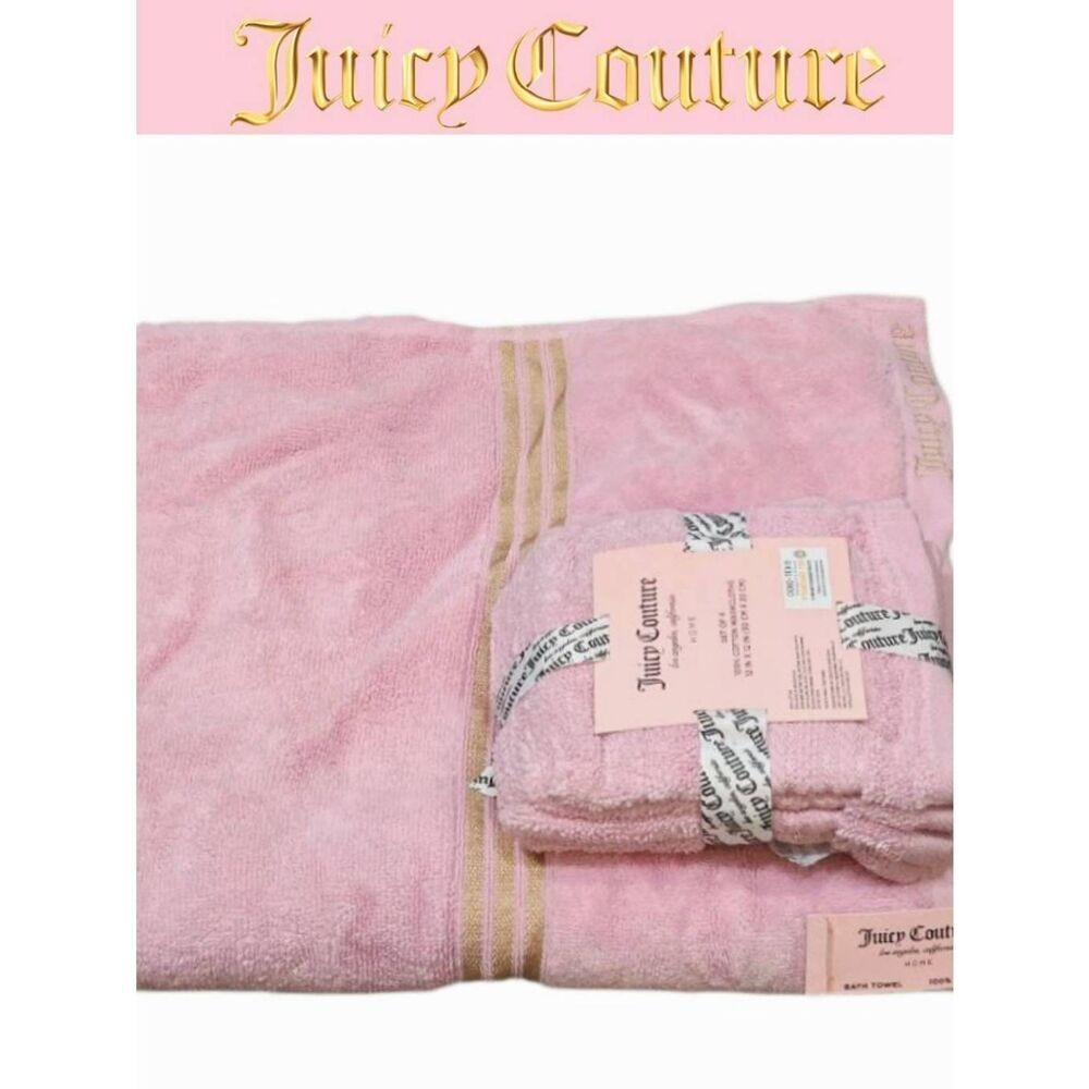 Juicy Couture Home Embrodried Gold Logo Striped Oversized Bath & Wash Towel Set-